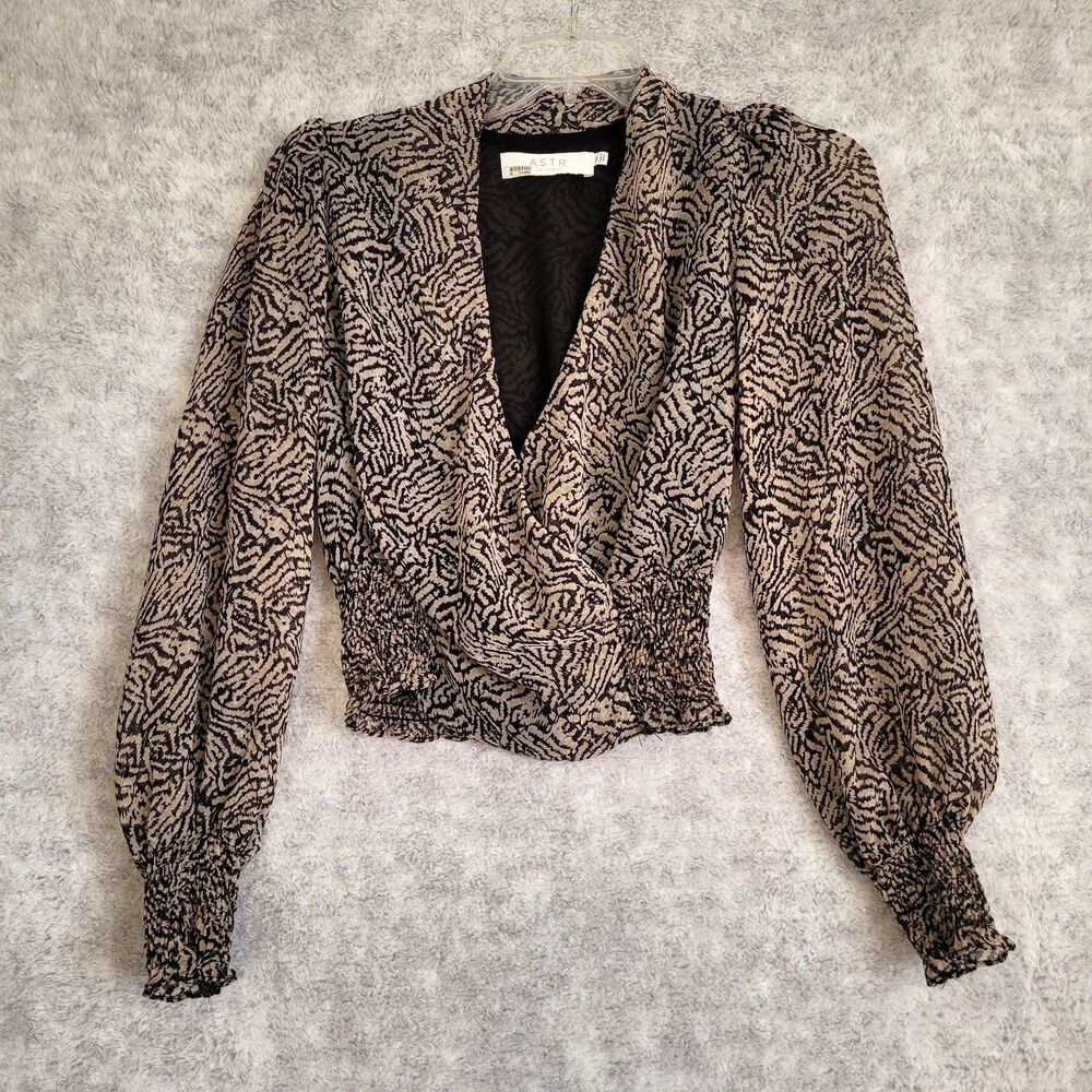 ASTR Dinah Top XS Brown Black Abstract Smocked Long Sleeve V-Neck Blouse Sheer